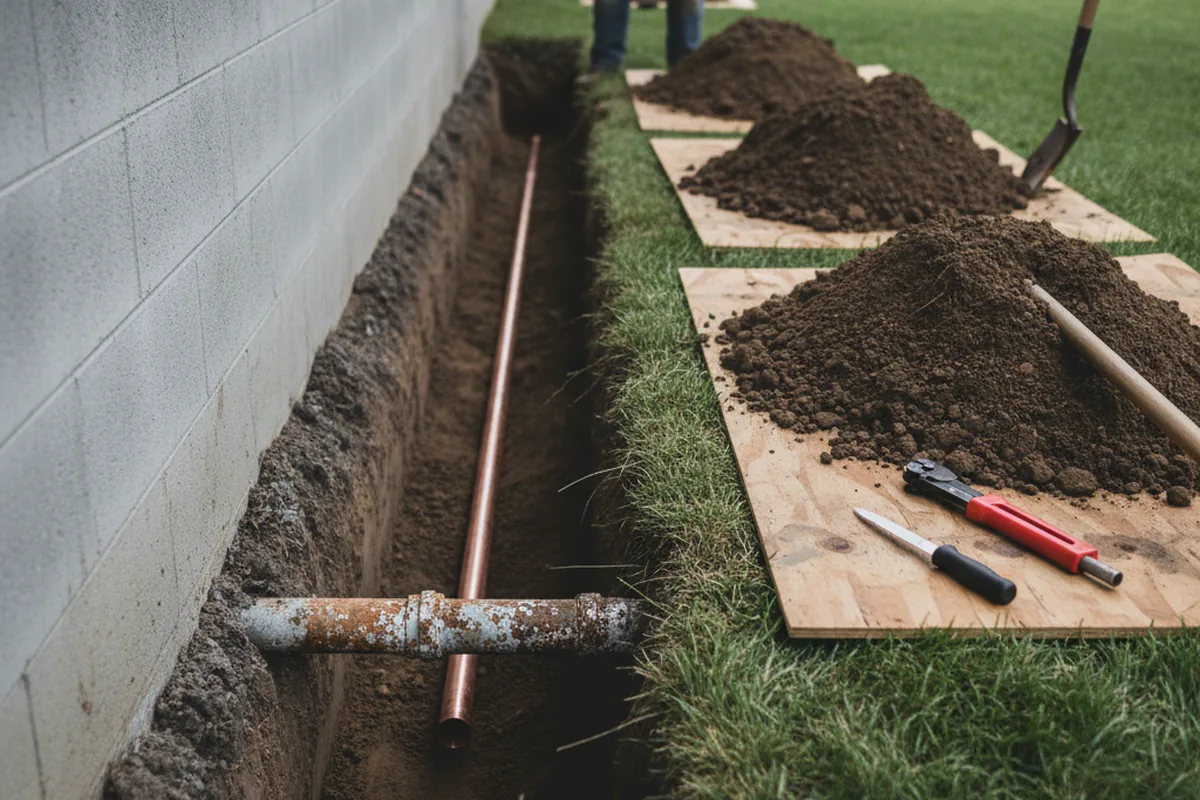 Excavated water line trench during Sewer Line Repair in Fairbury